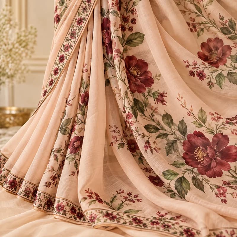 Peach saree with printed burgundy flowers and green leaves